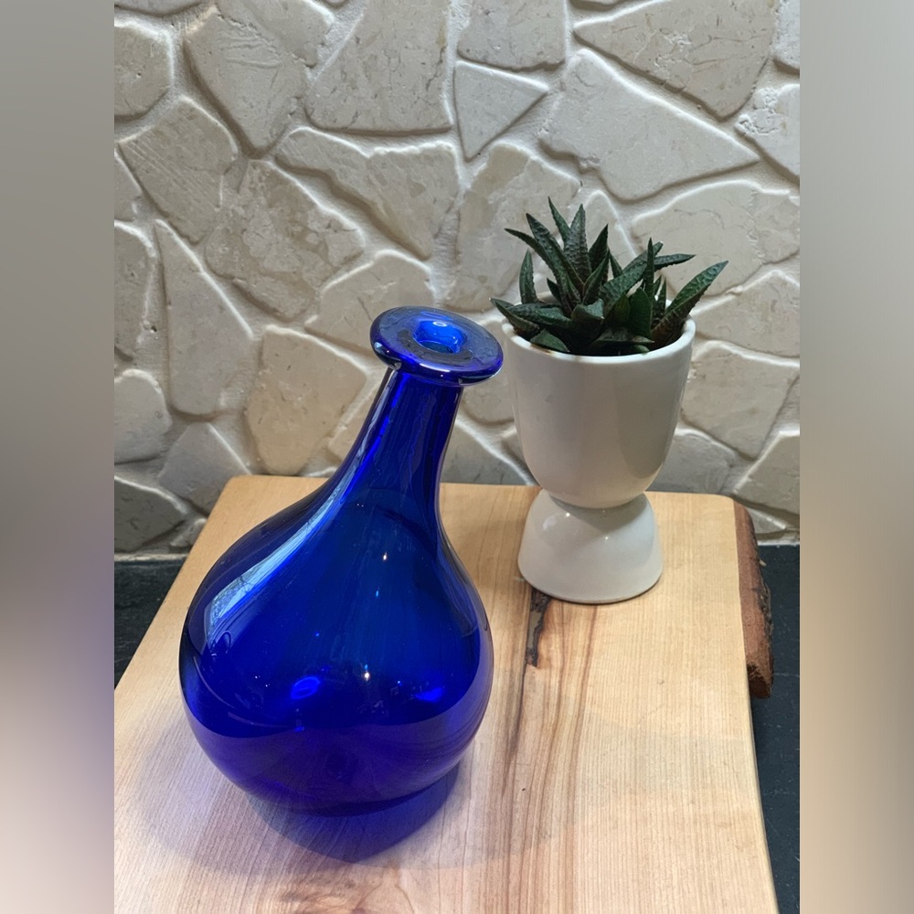 VINTAGE | Cobalt Blue Glass Mouth Blown Asymmetrical Vase